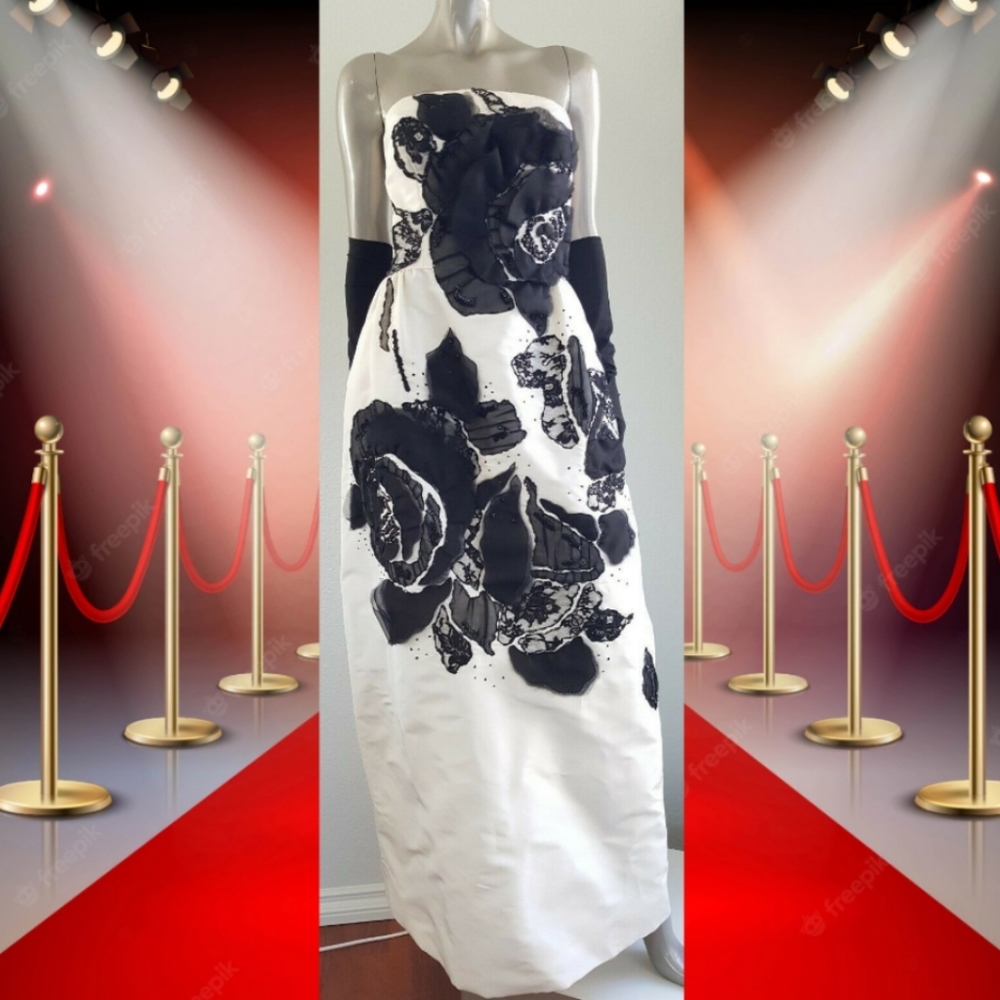●*$14,615 OSCAR DE LA RENTA WHITE BLACK BIG FLOWER SILK RUNWAY GOWN US 6 - Picture 3 of 12